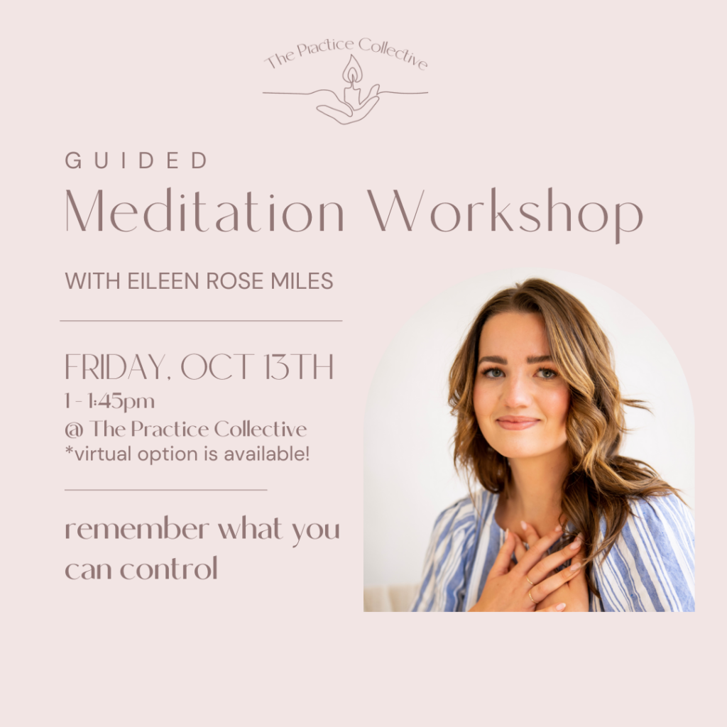 Pink private practice co-working invitation to the guided meditation workshop with eileen rose miles on October 13th at 1-1:45pm. Eileen is smiling wearing a blue striped shirt.