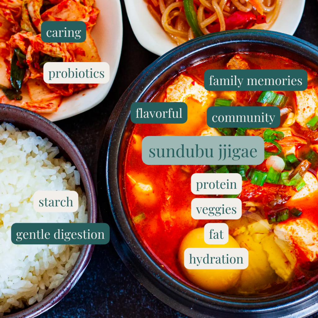 picture of a colorful Korean stew, rice, and vegetables. Picture highlights diversity of flavors and cultural food nutrition