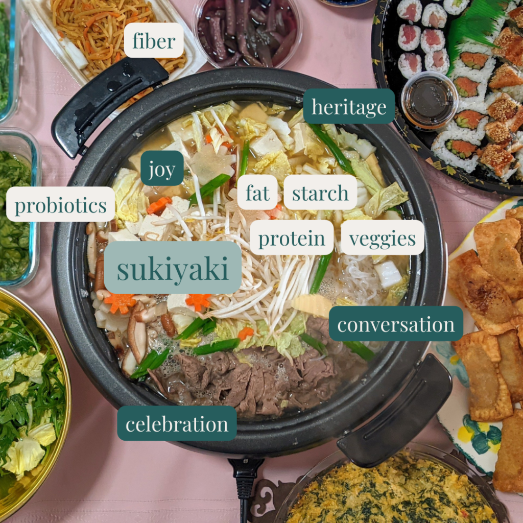 picture of sukiyaki and sushi. Picture highlights diversity of flavors and cultural food nutrition