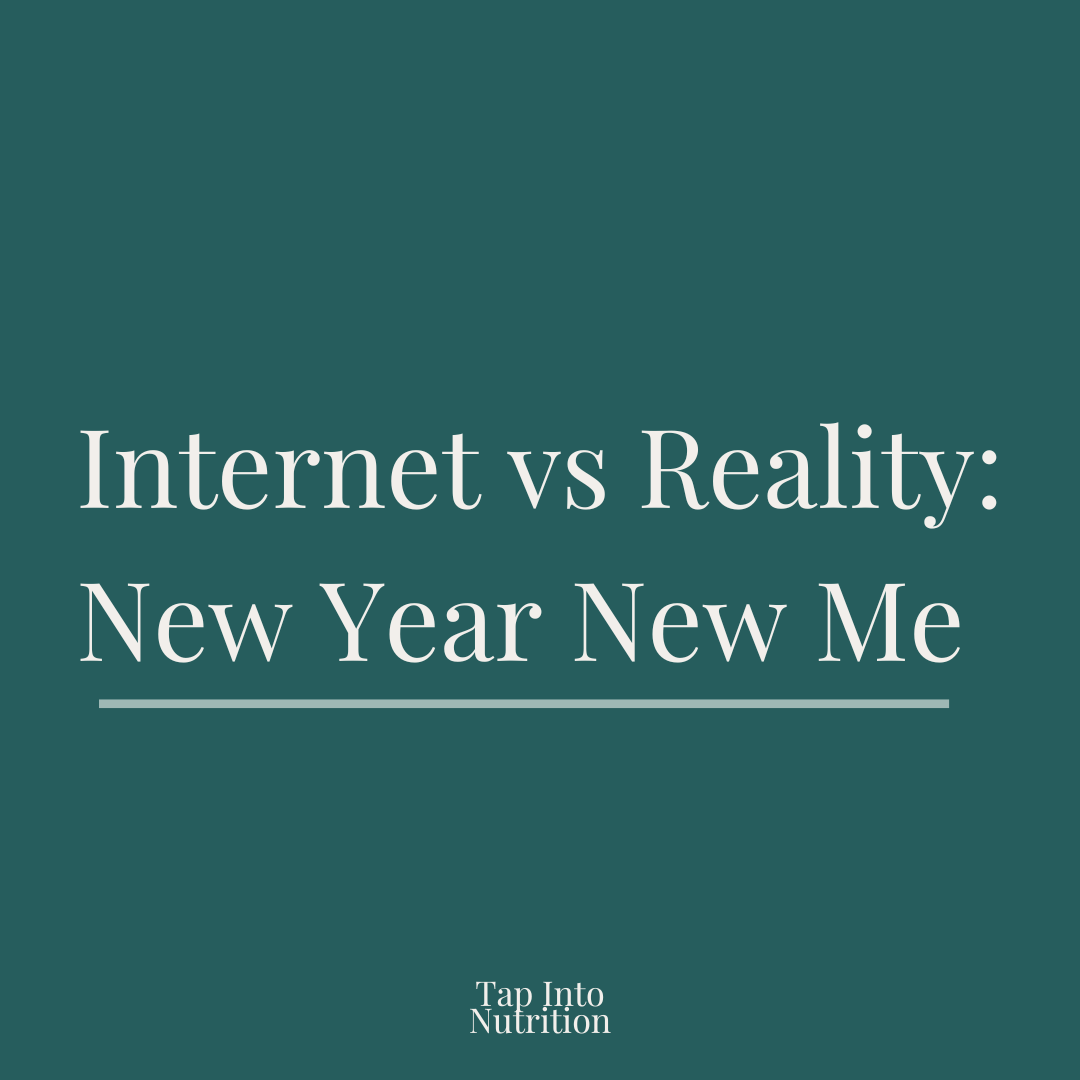 Blue text box that says "Internet vs Reality: New Year New Me"